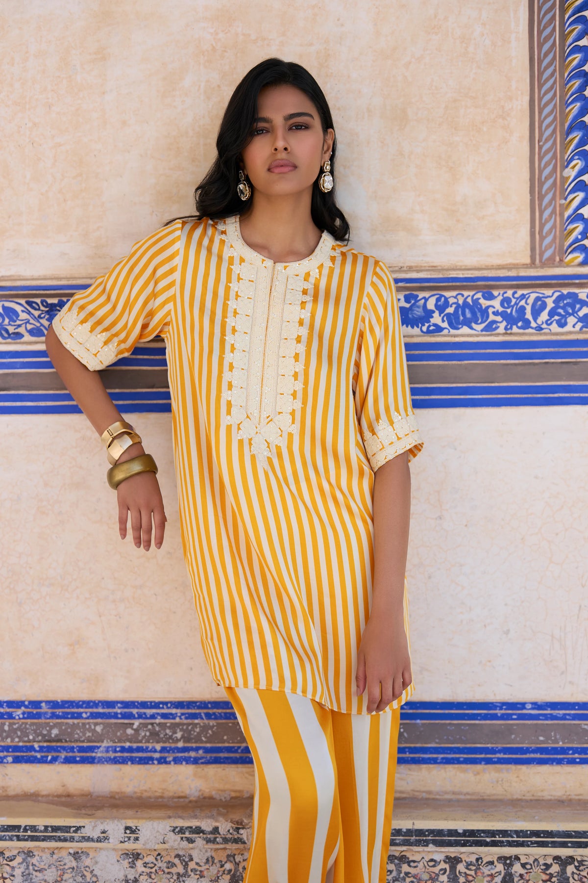 Embroidered Striped Longline Top