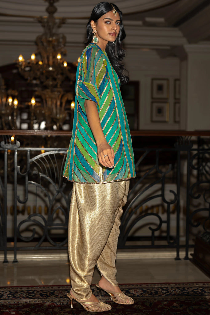 RIBBON EMBROIDERED STRIPED BOXY TOP & BROCADE TULIP PANT dash and dot