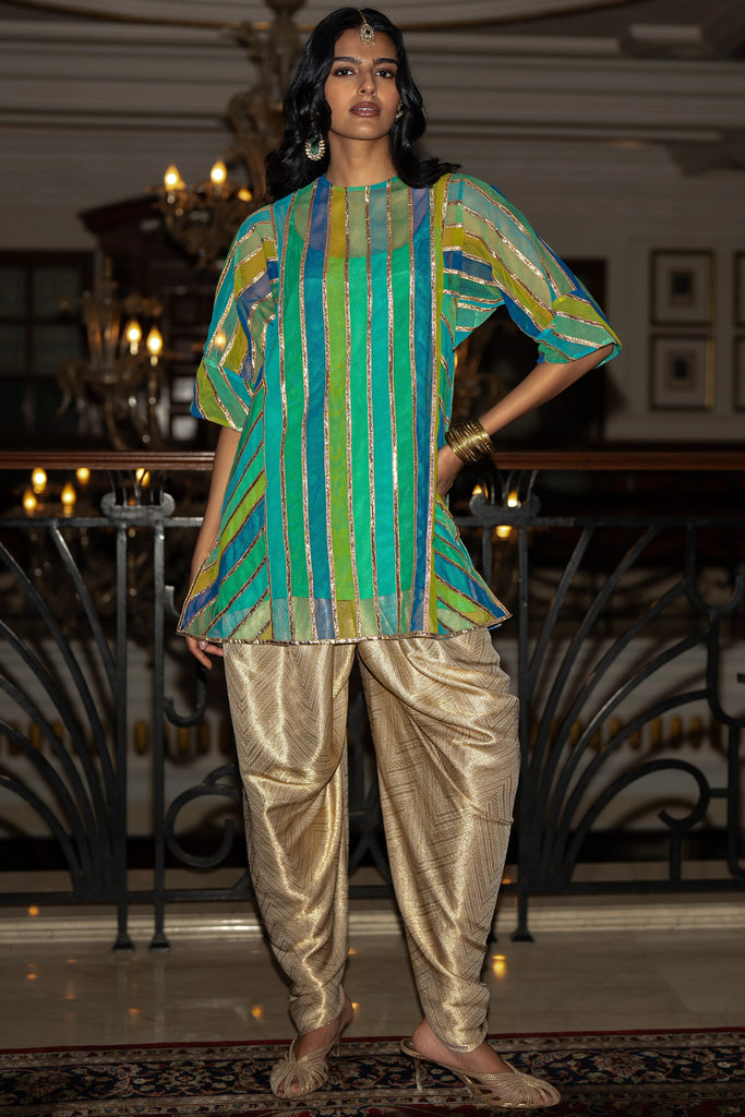 RIBBON EMBROIDERED STRIPED BOXY TOP & BROCADE TULIP PANT dash and dot