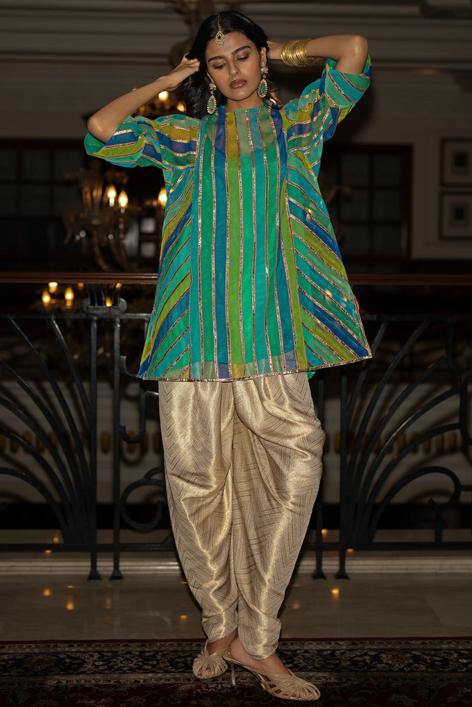 RIBBON EMBROIDERED STRIPED BOXY TOP & BROCADE TULIP PANT dash and dot