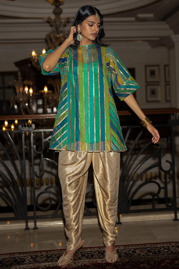RIBBON EMBROIDERED STRIPED BOXY TOP & BROCADE TULIP PANT dash and dot