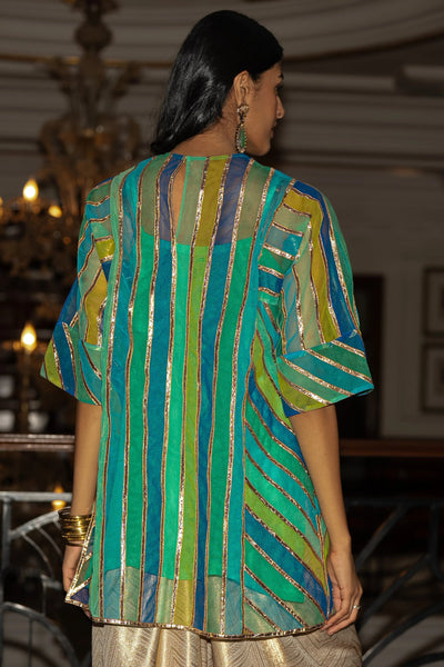 RIBBON EMBROIDERED STRIPED BOXY TOP