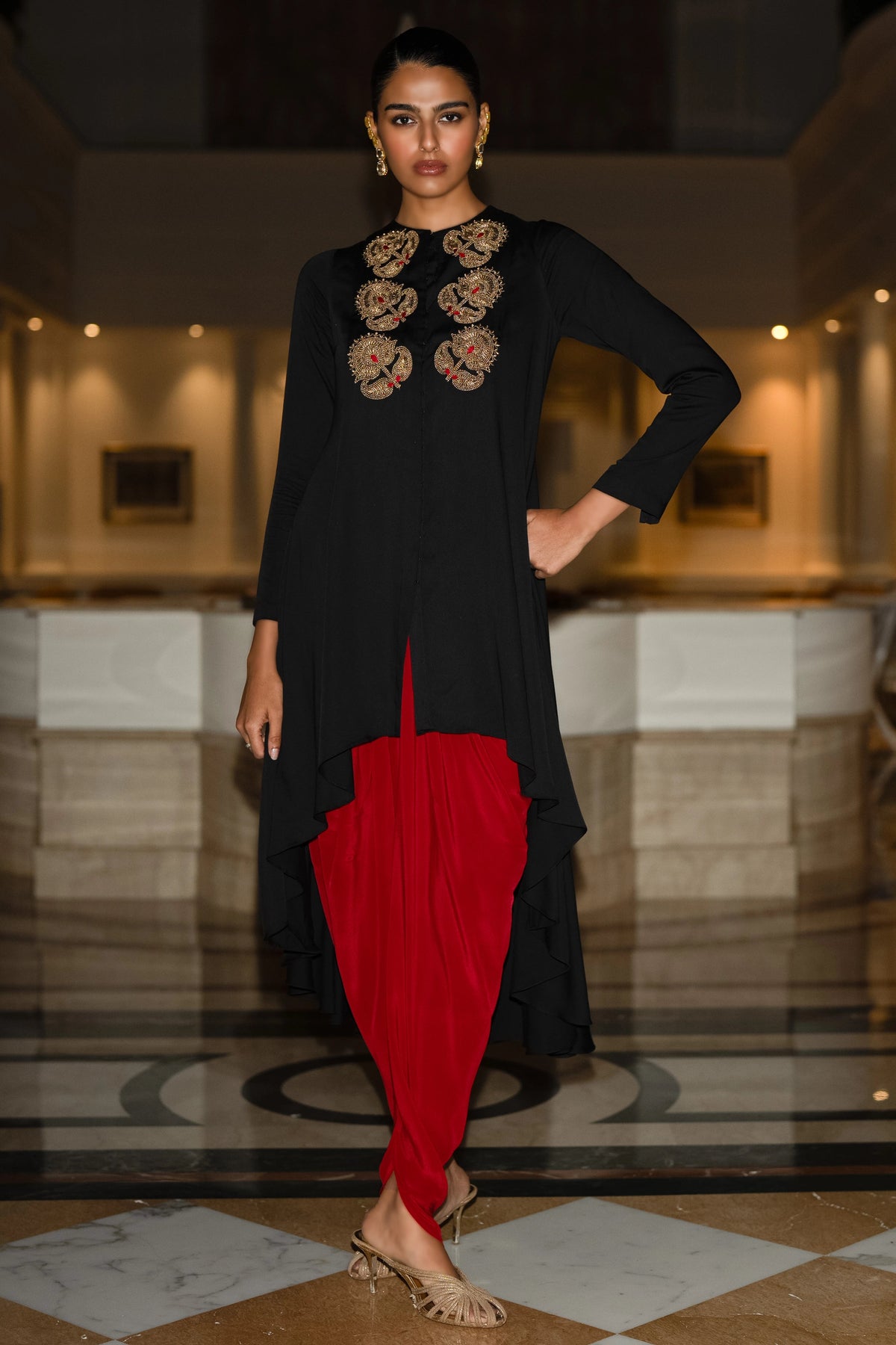 EMBROIDERED ASYMMETRIC DRAPE TOP & TULIP PANT