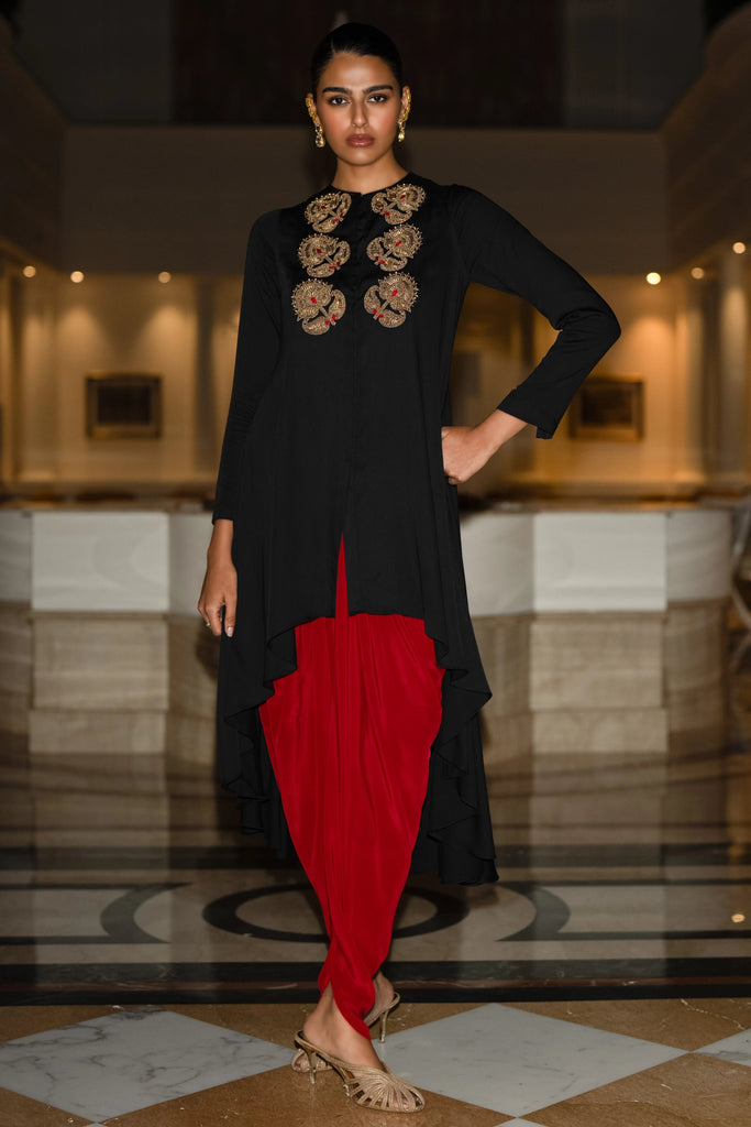 EMBROIDERED ASYMMETRIC DRAPE TOP & TULIP PANT dash and dot