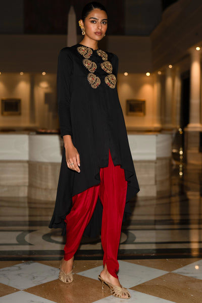 EMBROIDERED ASYMMETRIC DRAPE TOP & TULIP PANT