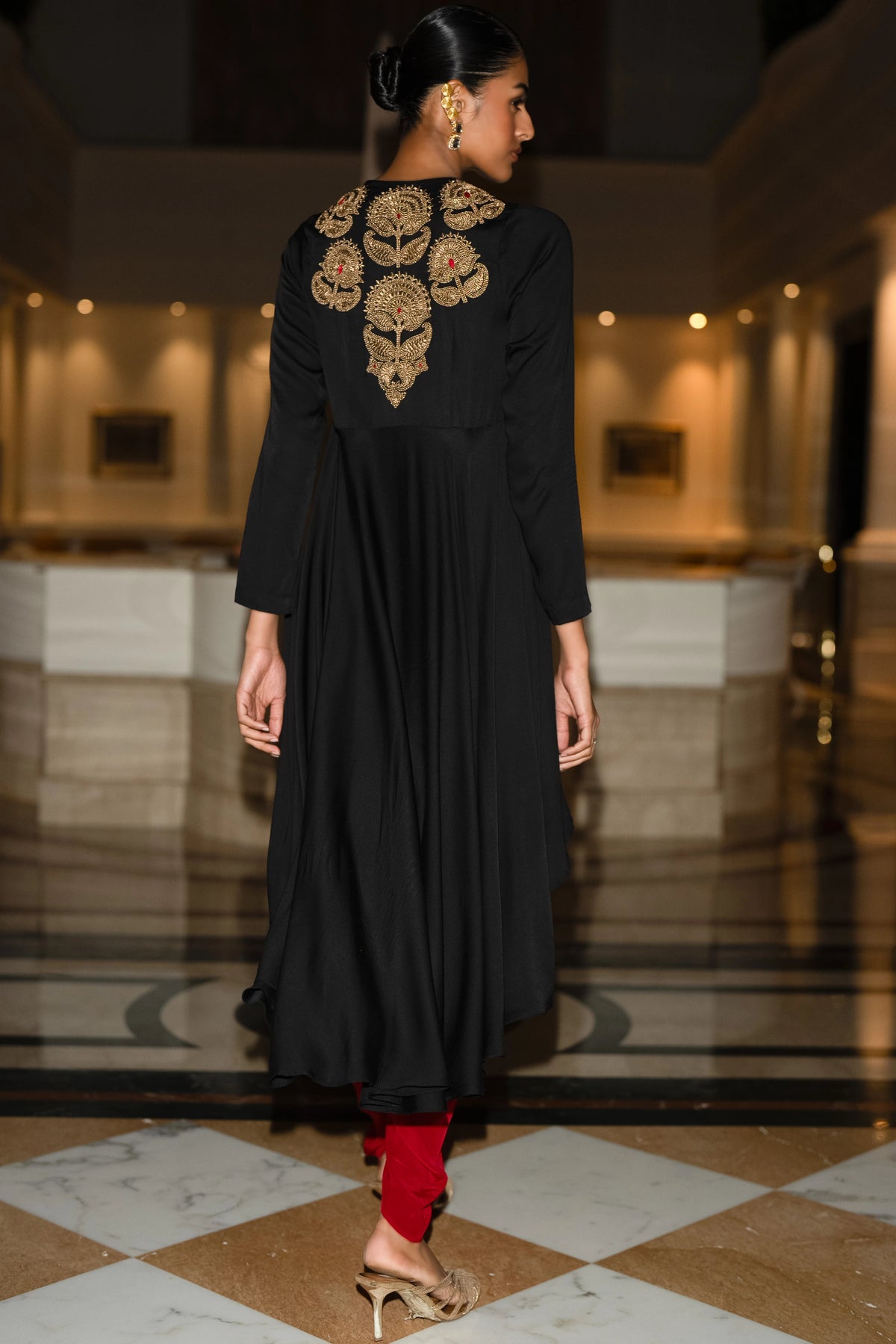 EMBROIDERED ASYMMETRIC DRAPE TOP & TULIP PANT