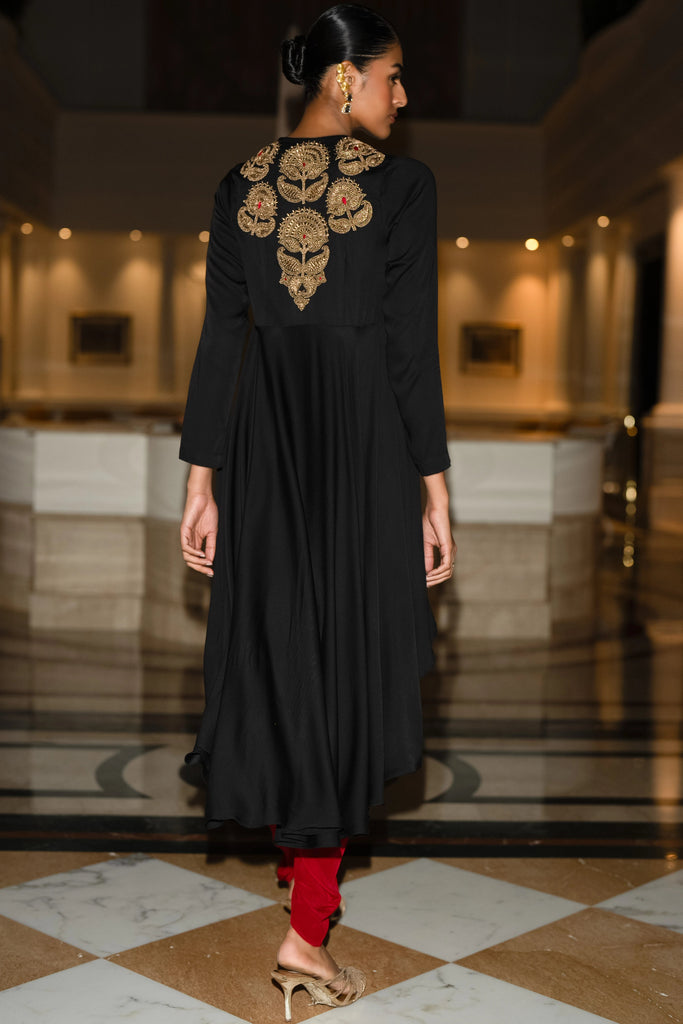 EMBROIDERED ASYMMETRIC DRAPE TOP & TULIP PANT dash and dot