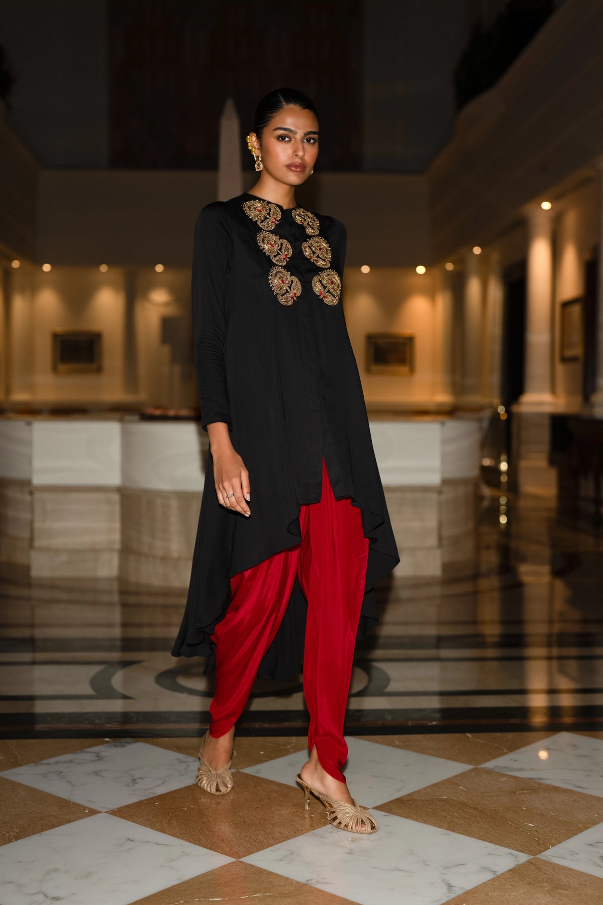 EMBROIDERED ASYMMETRIC DRAPE TOP
