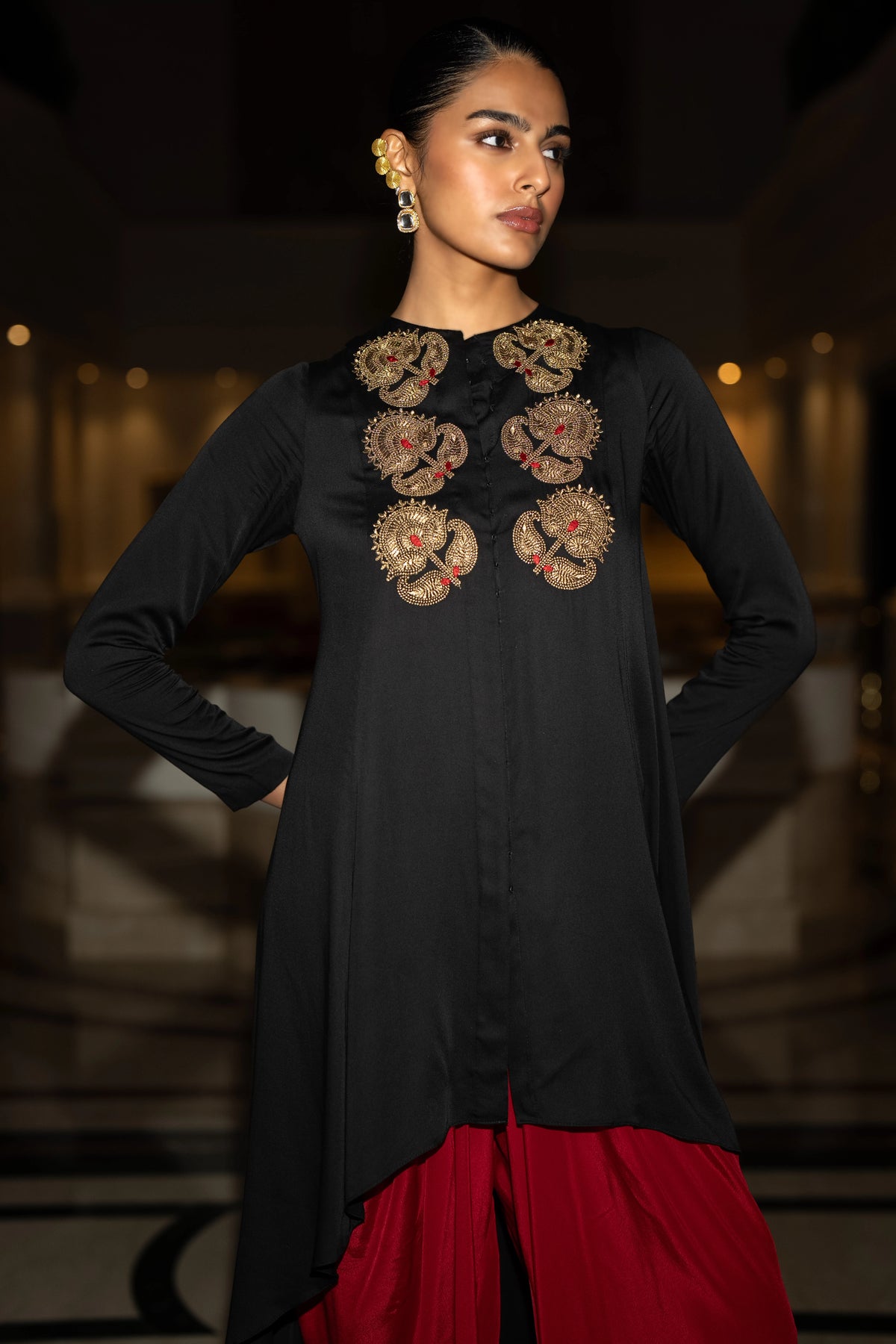 EMBROIDERED ASYMMETRIC DRAPE TOP