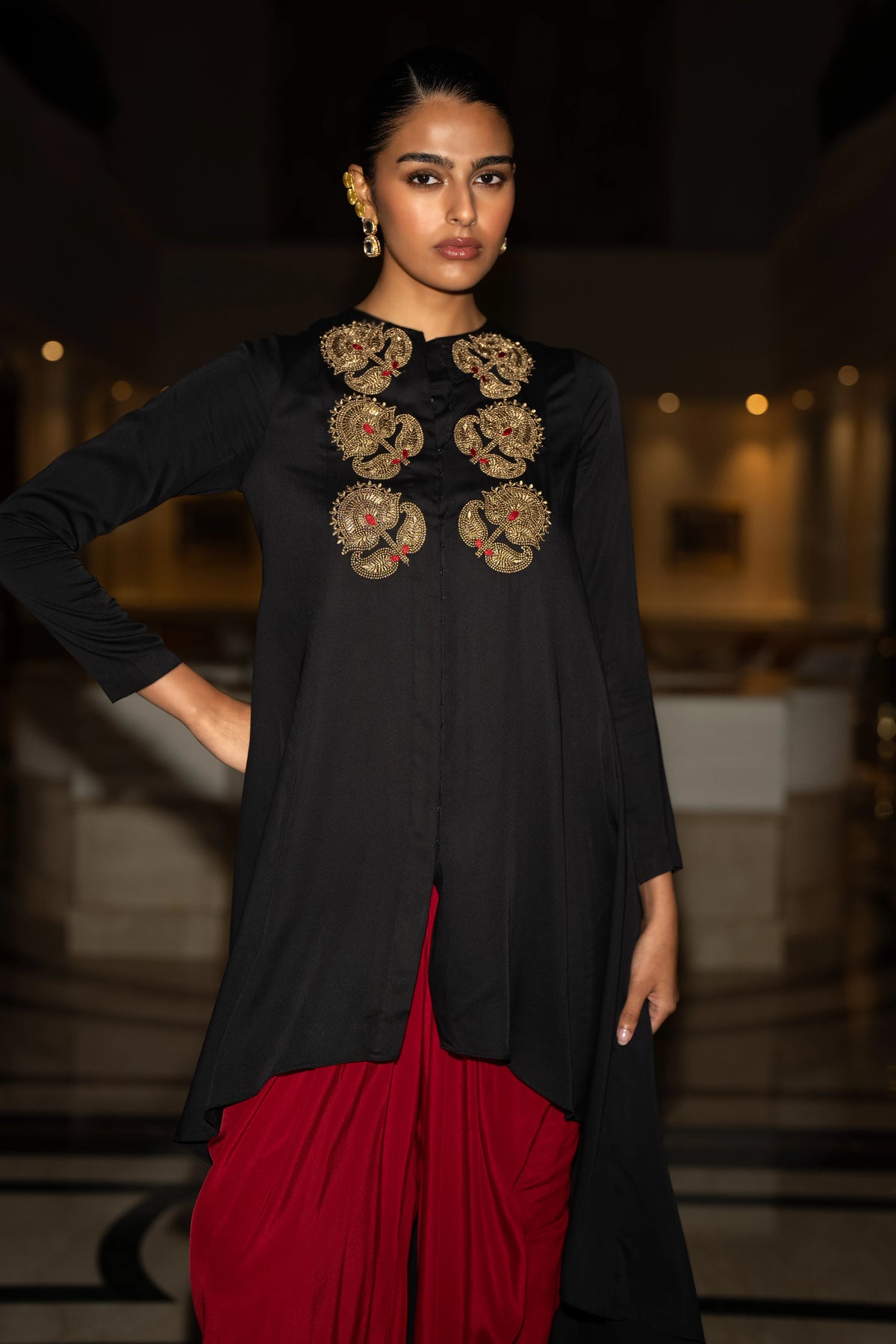 EMBROIDERED ASYMMETRIC DRAPE TOP