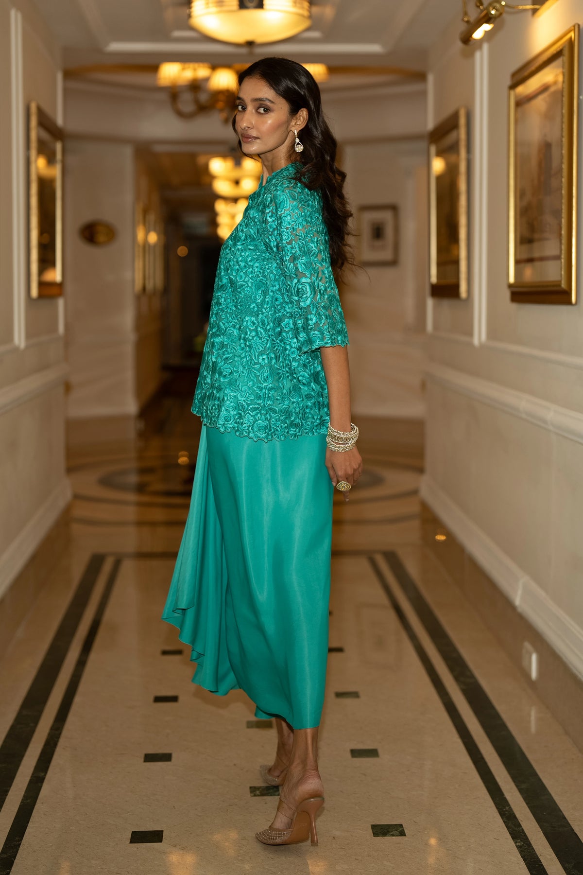 EMBROIDERED SCALLOPED TOP & SATIN DRAPE SKIRT