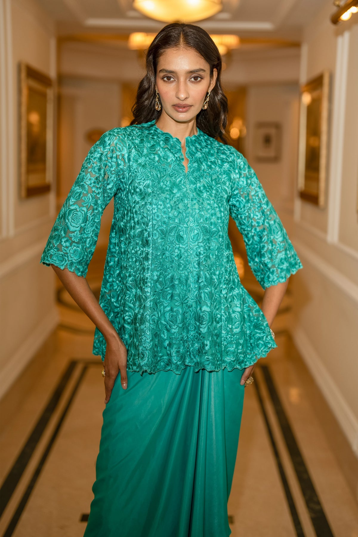 EMBROIDERED SCALLOPED TOP & SATIN DRAPE SKIRT