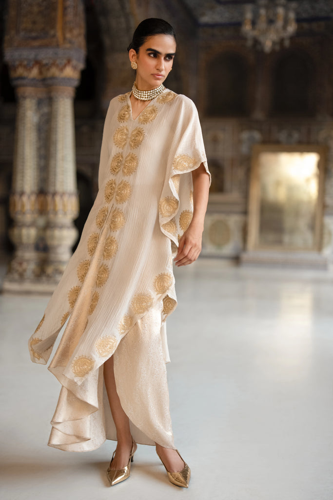 Crushed Tissue Embroidered Motif Kaftan Top & Broacde Draped Skirt dash and dot