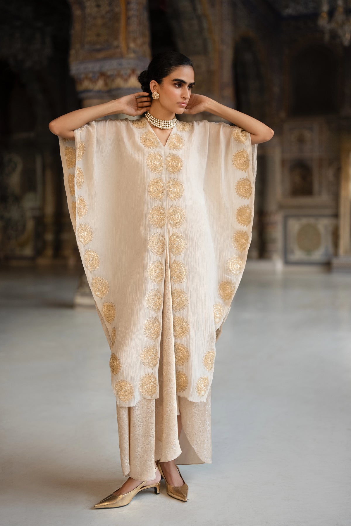 Crushed Tissue Embroidered Motif Kaftan Top