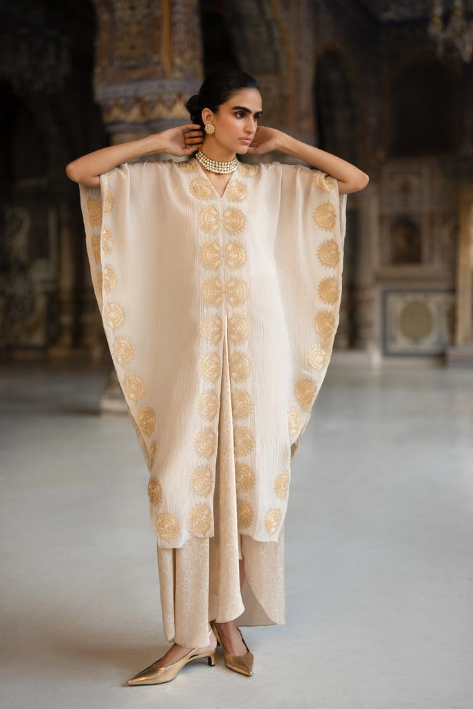 Crushed Tissue Embroidered Motif Kaftan Top dash and dot