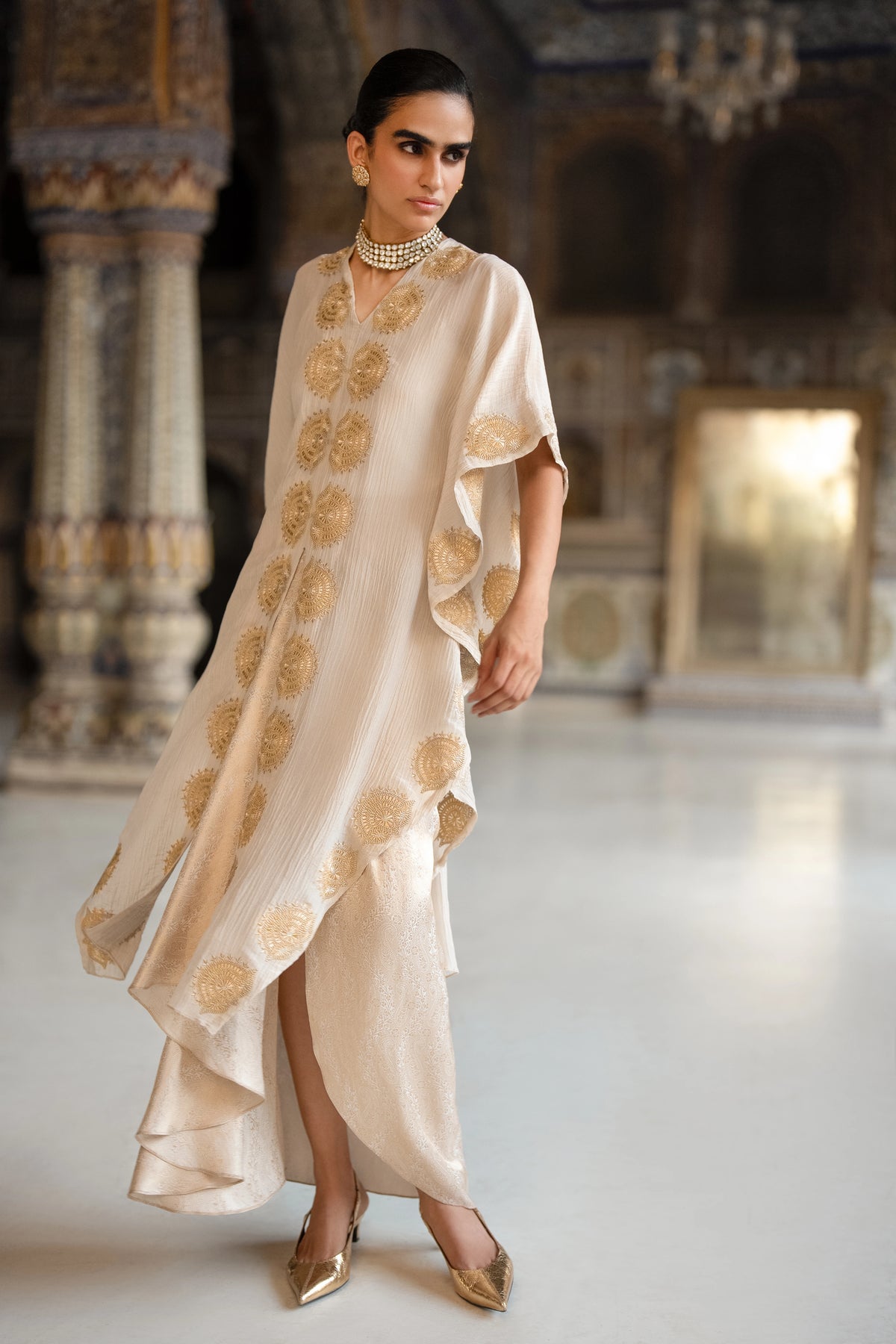 Crushed Tissue Embroidered Motif Kaftan Top