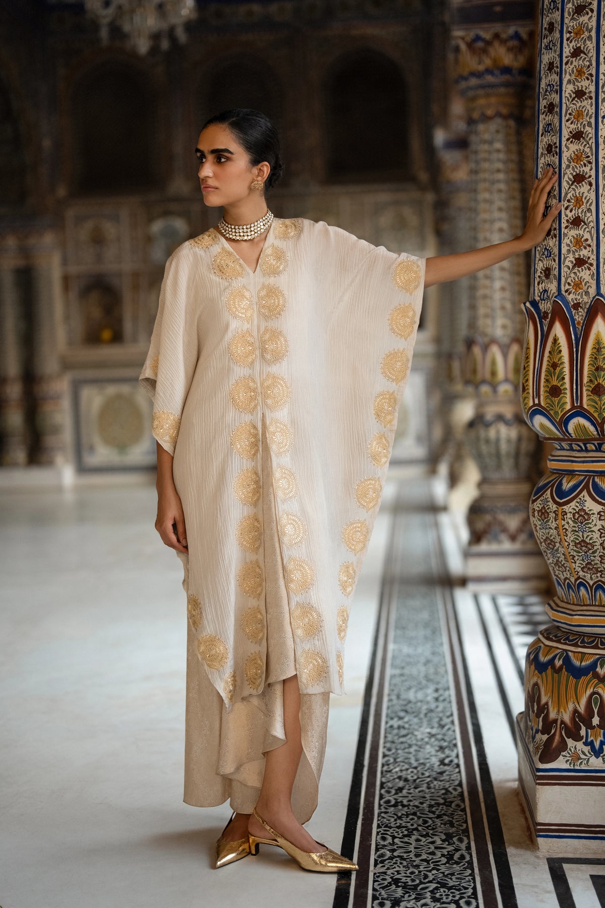 Crushed Tissue Embroidered Motif Kaftan Top