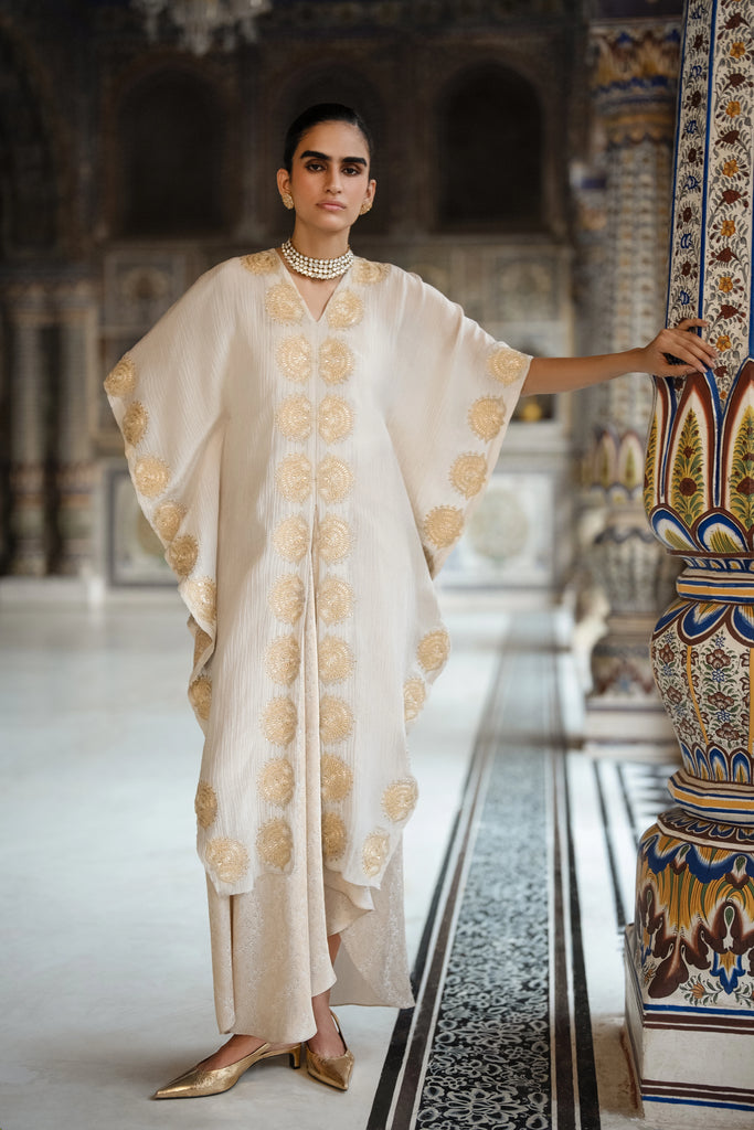 Crushed Tissue Embroidered Motif Kaftan Top dash and dot