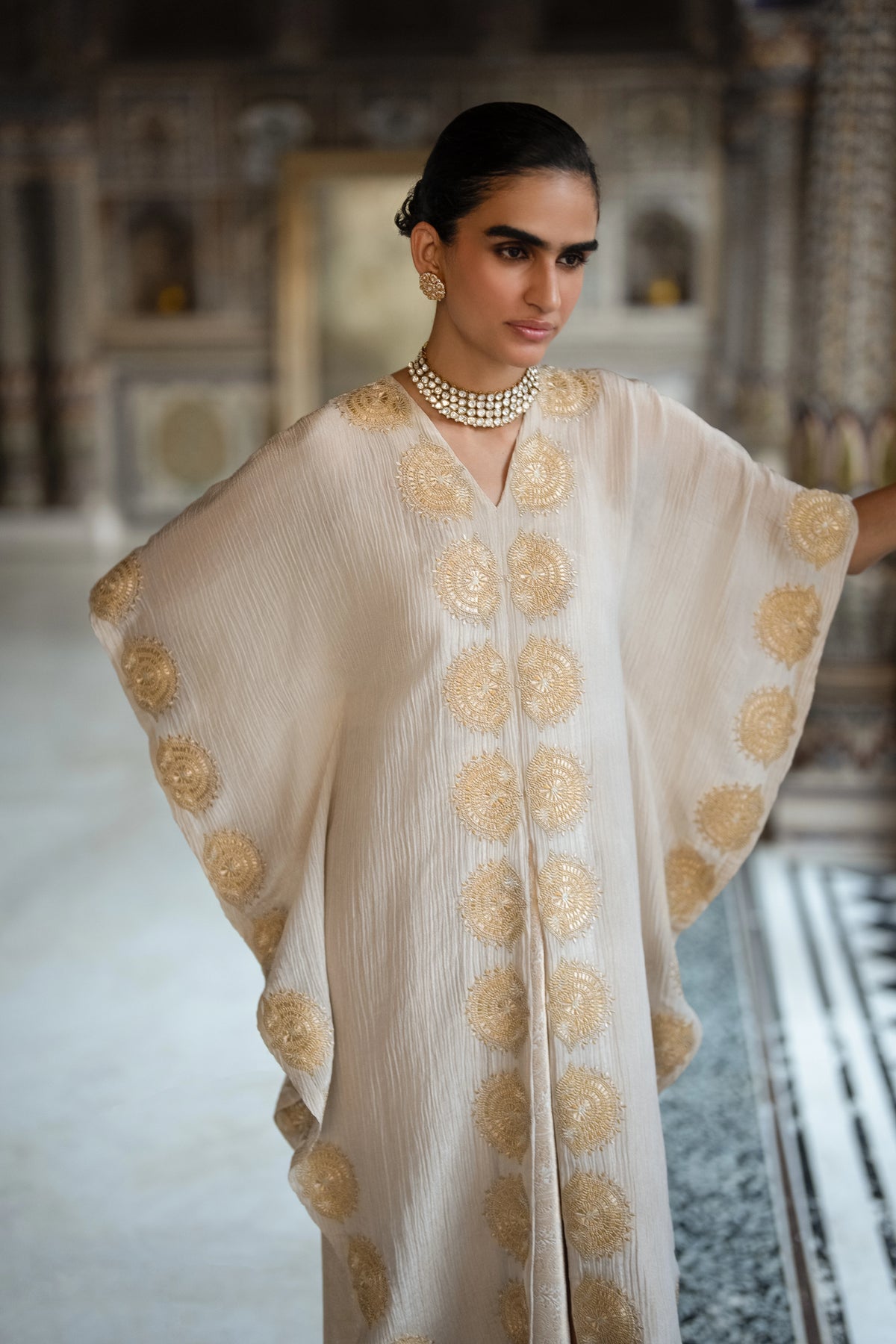 Crushed Tissue Embroidered Motif Kaftan Top
