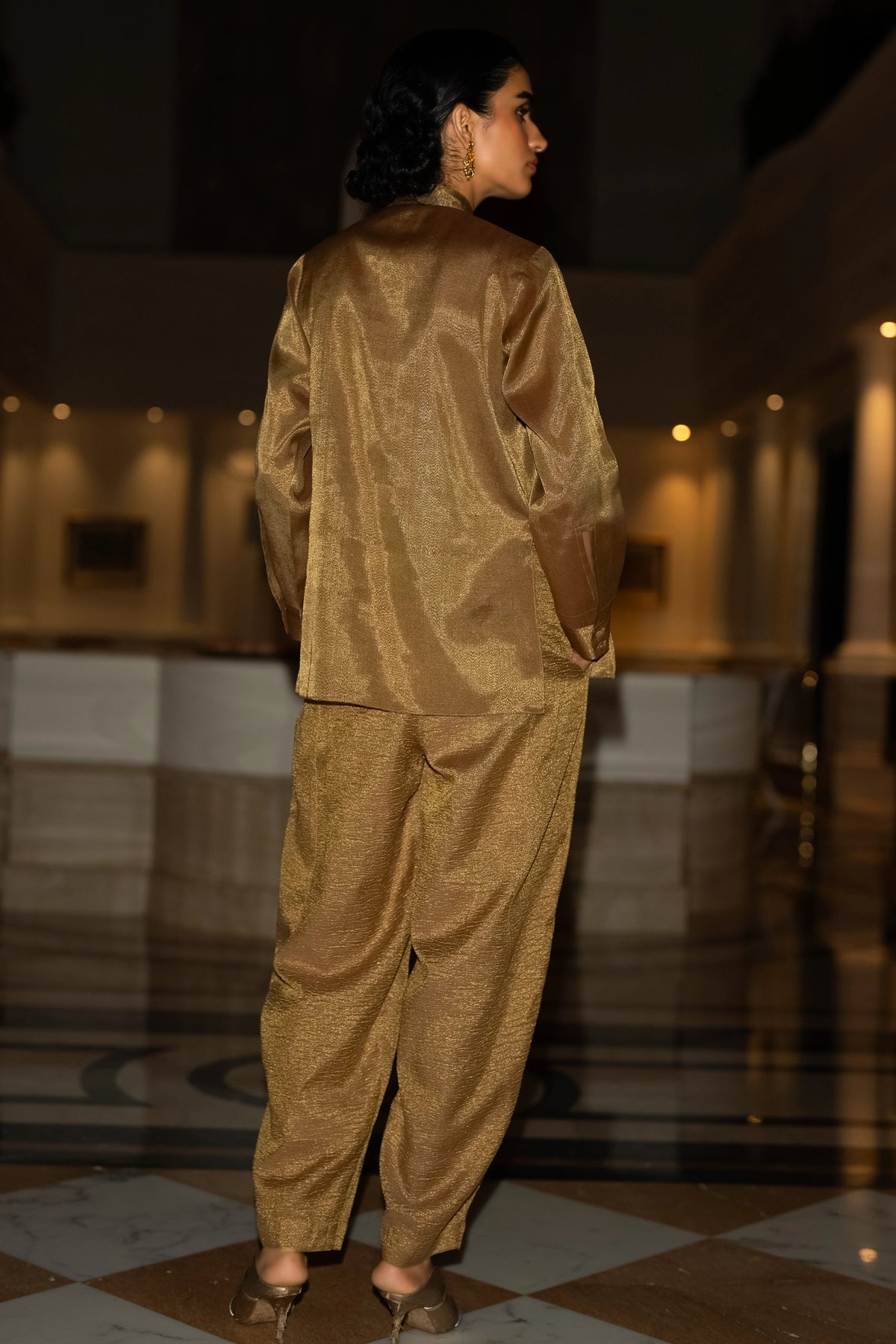 MOTIF EMBROIDERED TEXTURED JACKET, BENARES TISSUE METALLIC SHIRT & CRINKLED PANT