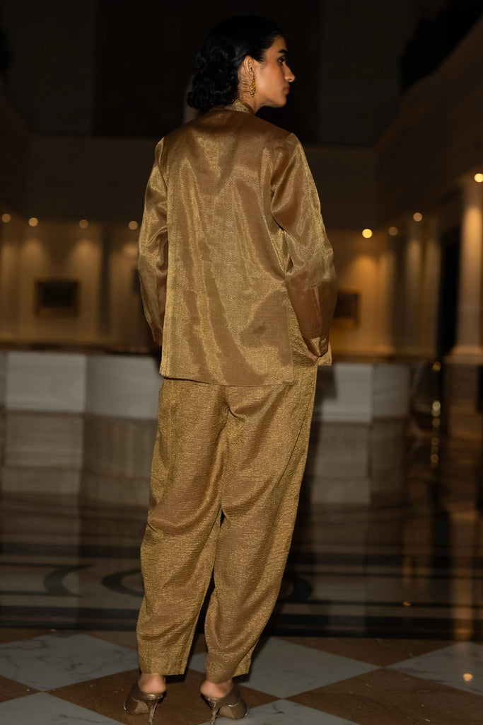 MOTIF EMBROIDERED TEXTURED JACKET, BENARES TISSUE METALLIC SHIRT & CRINKLED PANT dash and dot