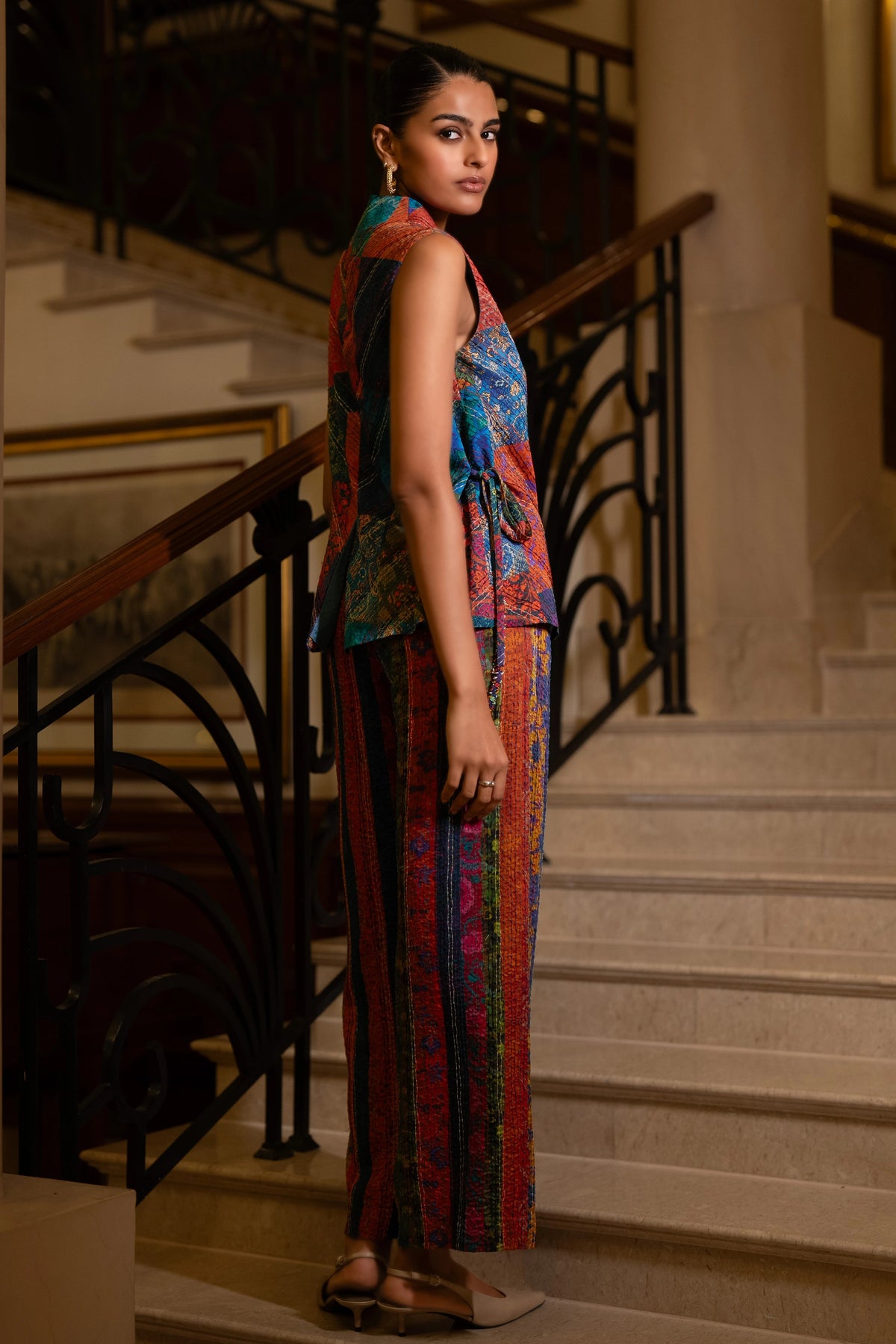 EMBROIDERED PATCHWORK PRINT WAISTCOAT & STRIPE PANT SET