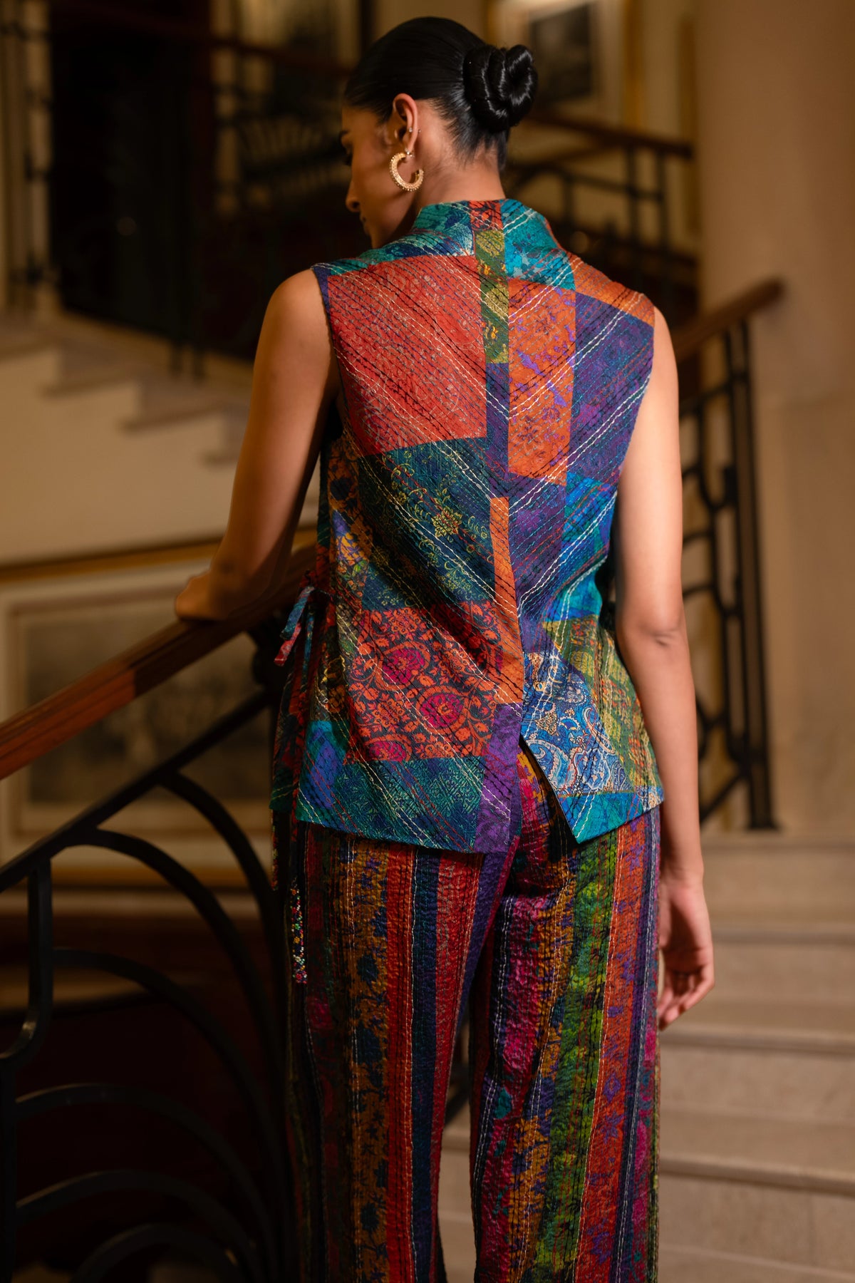 EMBROIDERED PATCHWORK PRINT WAISTCOAT & STRIPE PANT SET