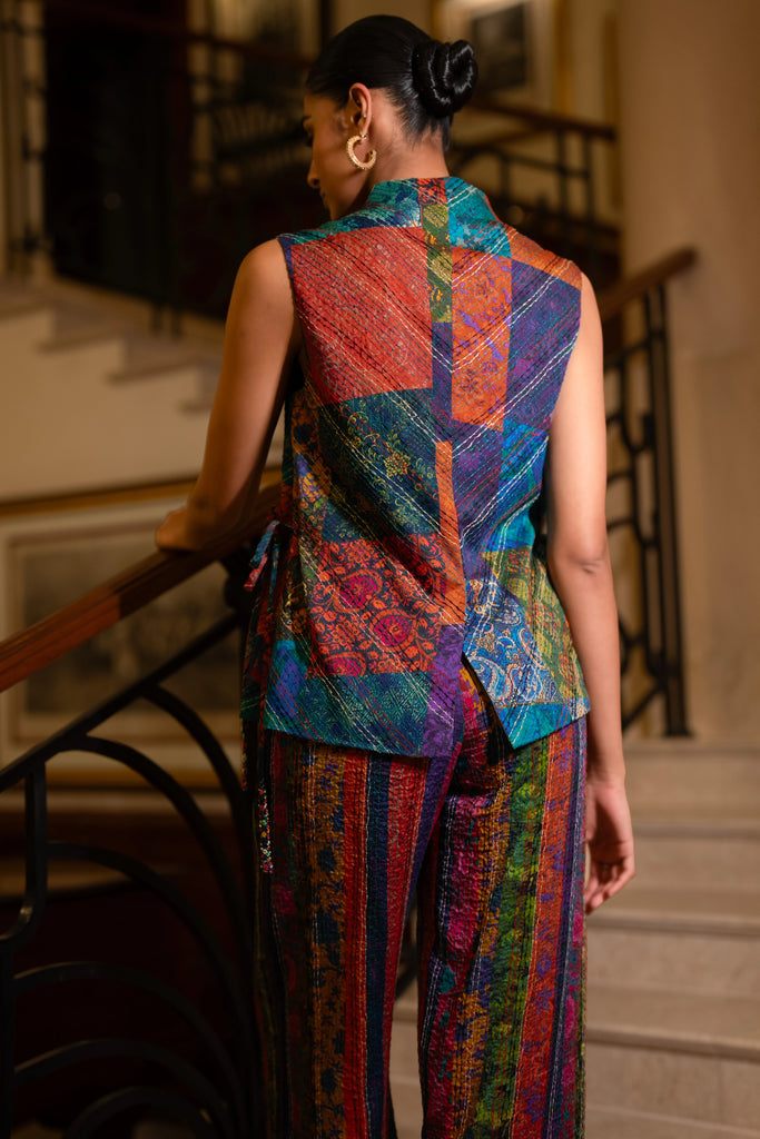 EMBROIDERED PATCHWORK PRINT WAISTCOAT & STRIPE PANT SET dash and dot