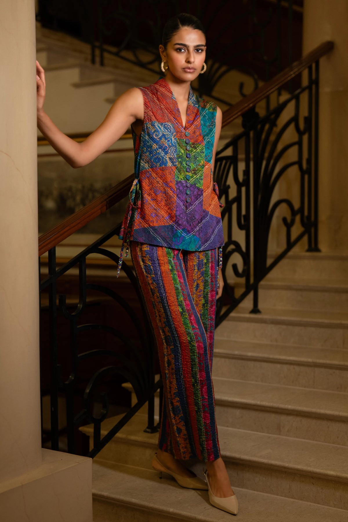 EMBROIDERED PATCHWORK PRINT WAISTCOAT & STRIPE PANT SET