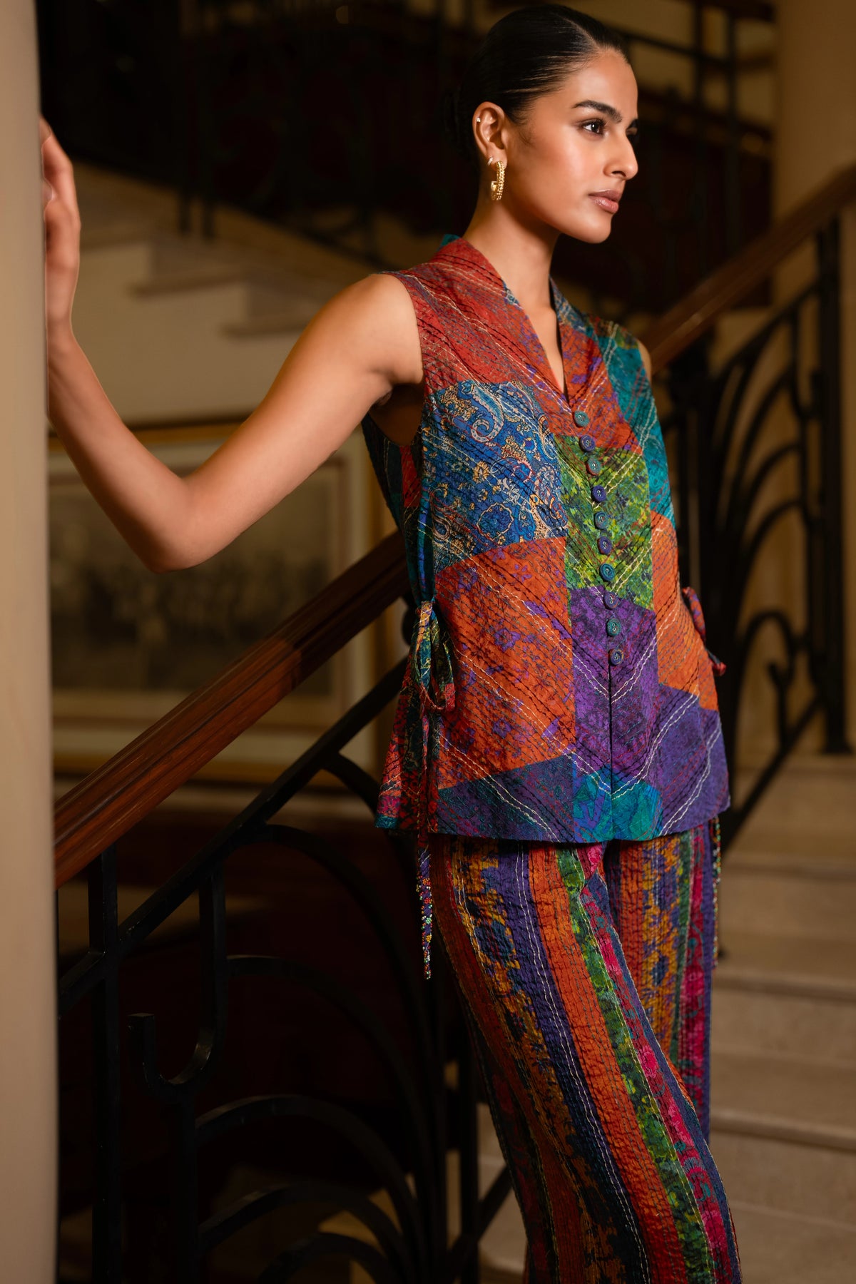 EMBROIDERED PATCHWORK PRINT WAISTCOAT & STRIPE PANT SET