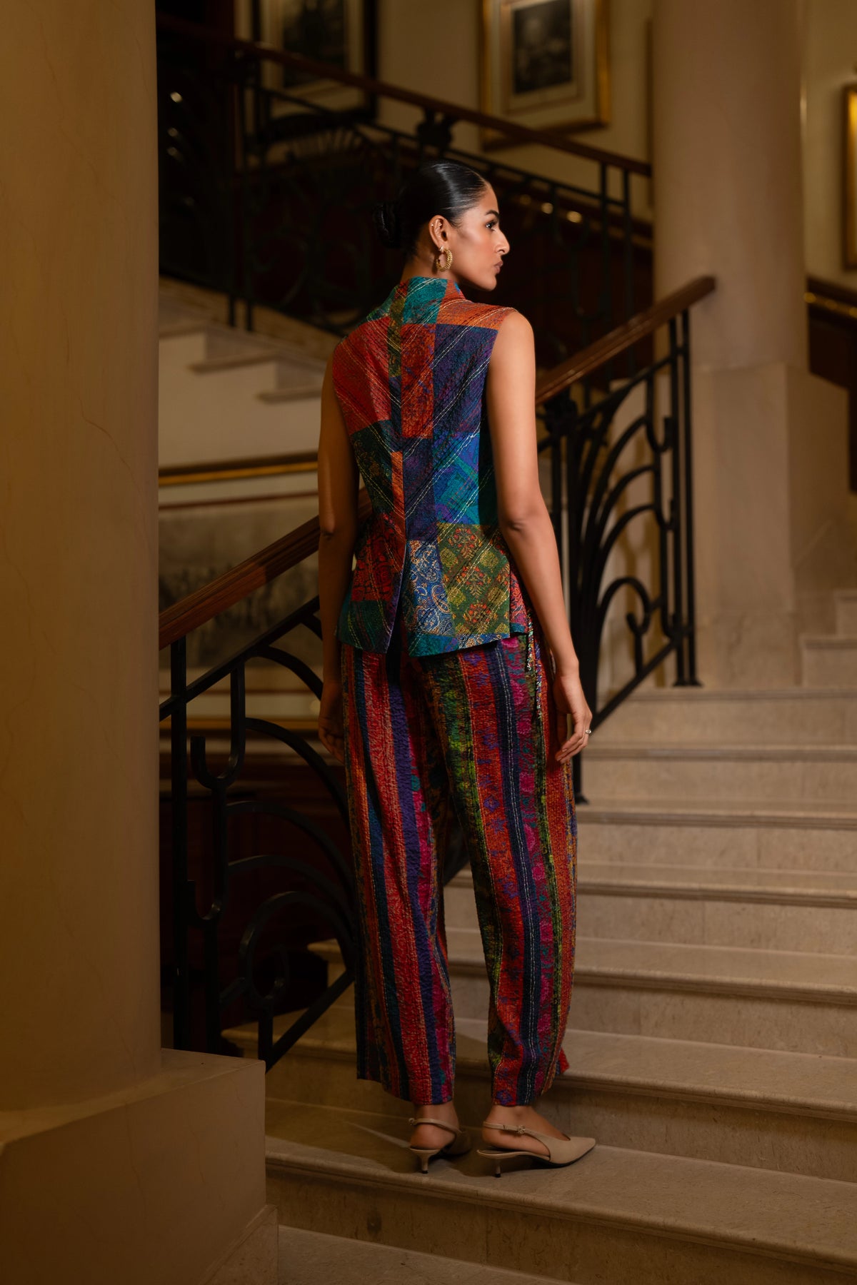 EMBROIDERED PATCHWORK PRINT WAISTCOAT & STRIPE PANT SET