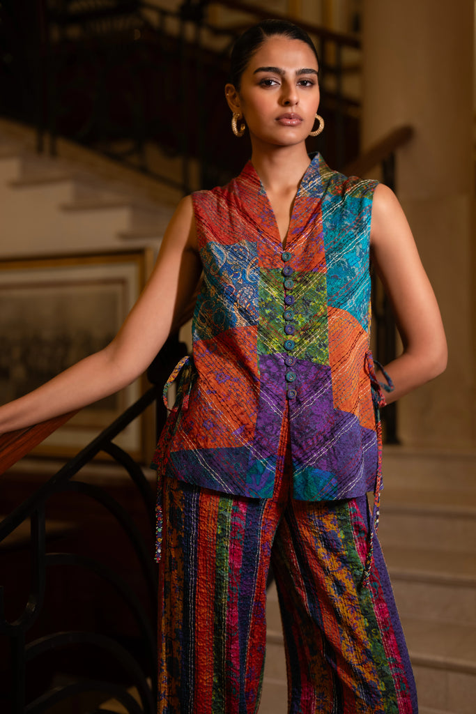EMBROIDERED PATCHWORK PRINT WAISTCOAT dash and dot