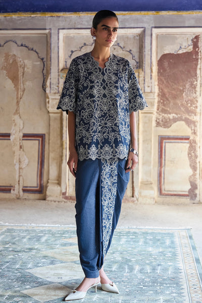 METALLIC THREAD EMBROIDERED SCALLOPED DENIM TOP & DHOTI PANT