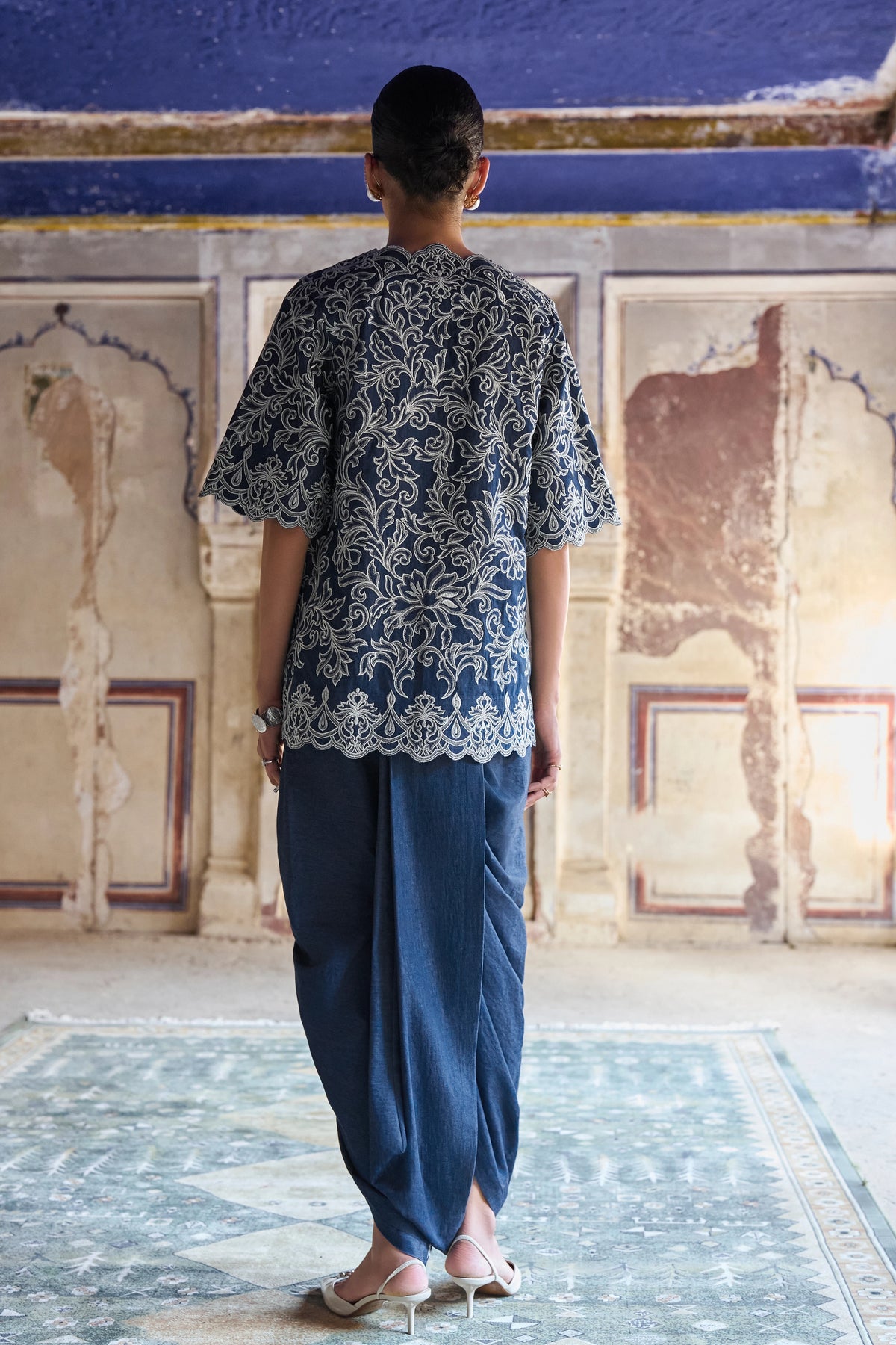 Metallic Thread Embroidered Scalloped Denim Top