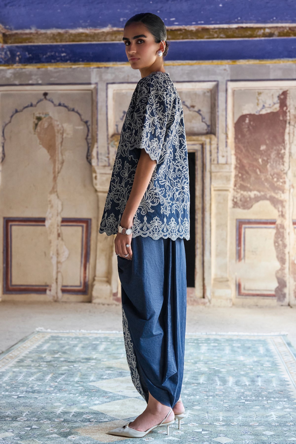 Metallic Thread Embroidered Scalloped Denim Top