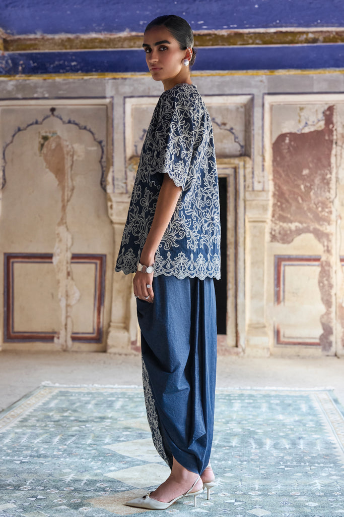 Metallic Thread Embroidered Scalloped Denim Top dash and dot