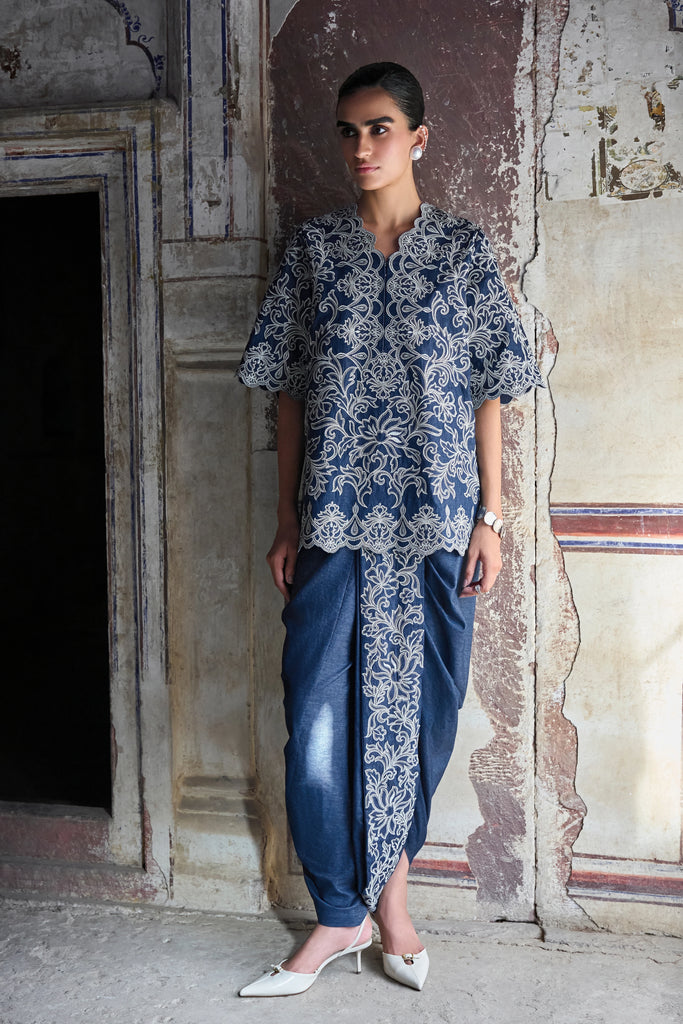 Metallic Thread Embroidered Scalloped Denim Top dash and dot