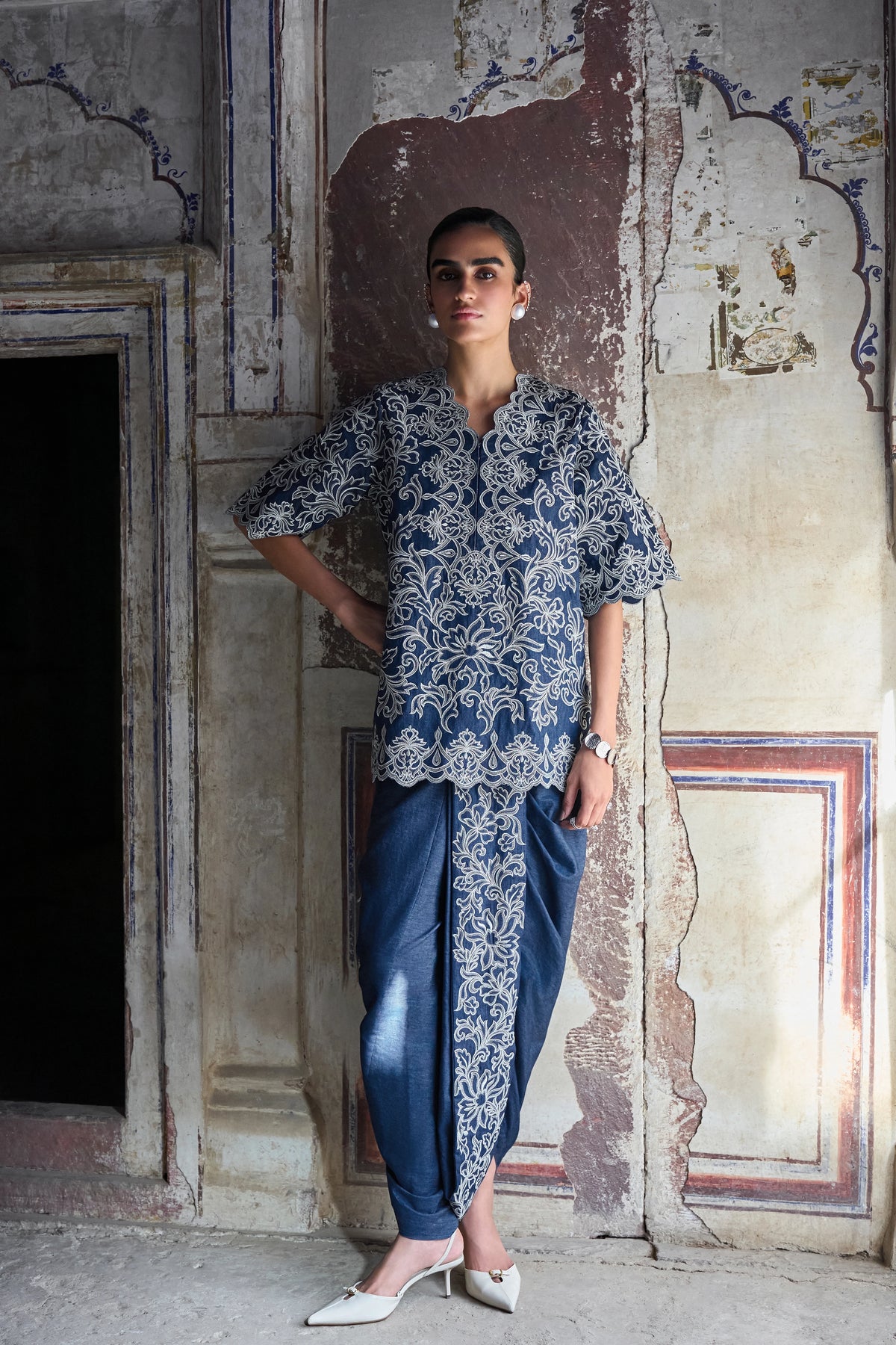 Metallic Thread Embroidered Scalloped Denim Top