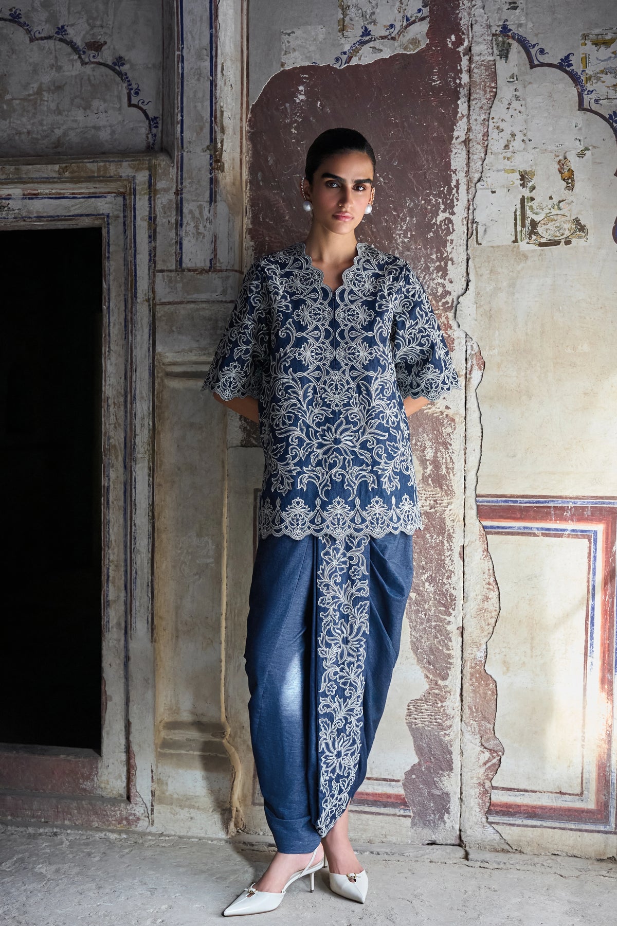 Metallic Thread Embroidered Scalloped Denim Top