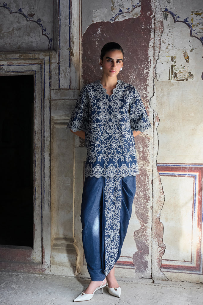 Metallic Thread Embroidered Scalloped Denim Top dash and dot