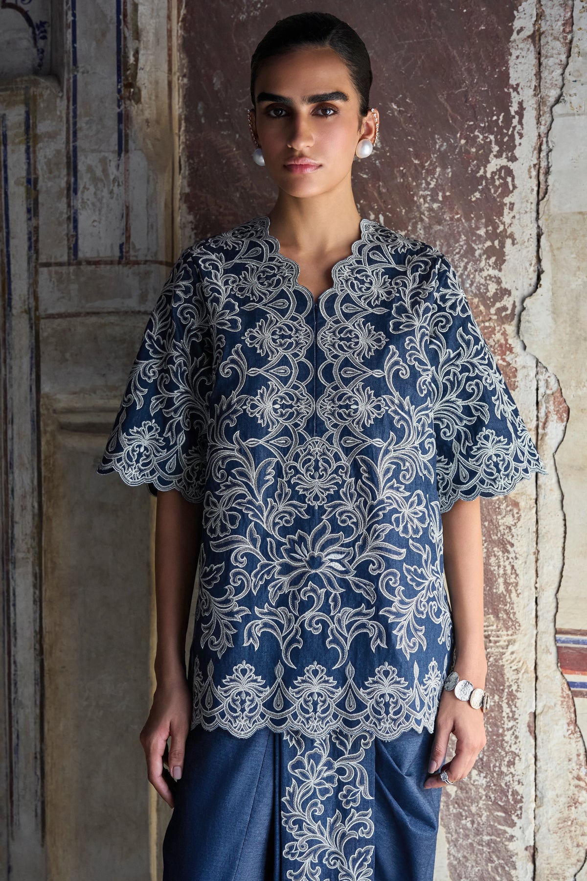 Metallic Thread Embroidered Scalloped Denim Top