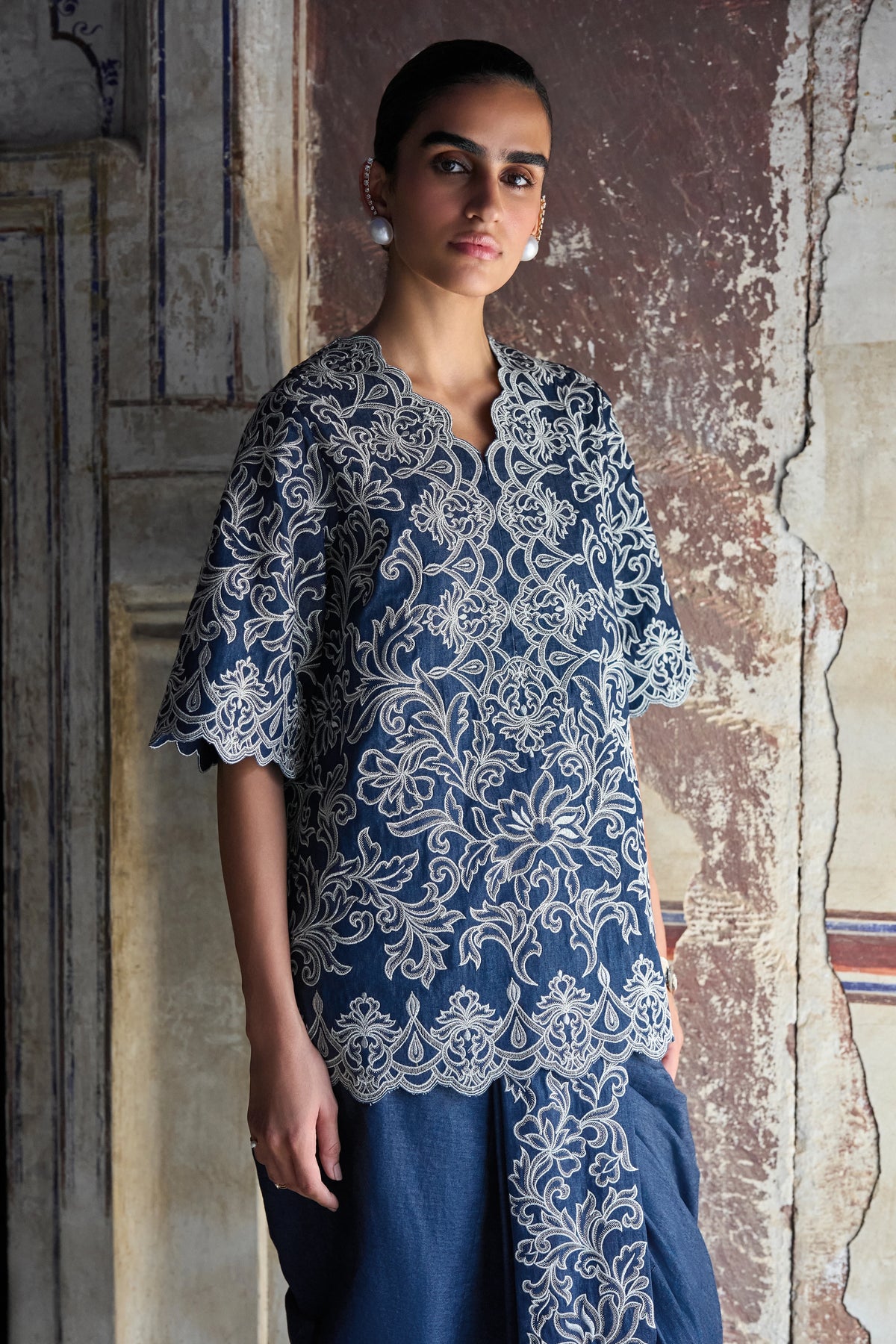 Metallic Thread Embroidered Scalloped Denim Top