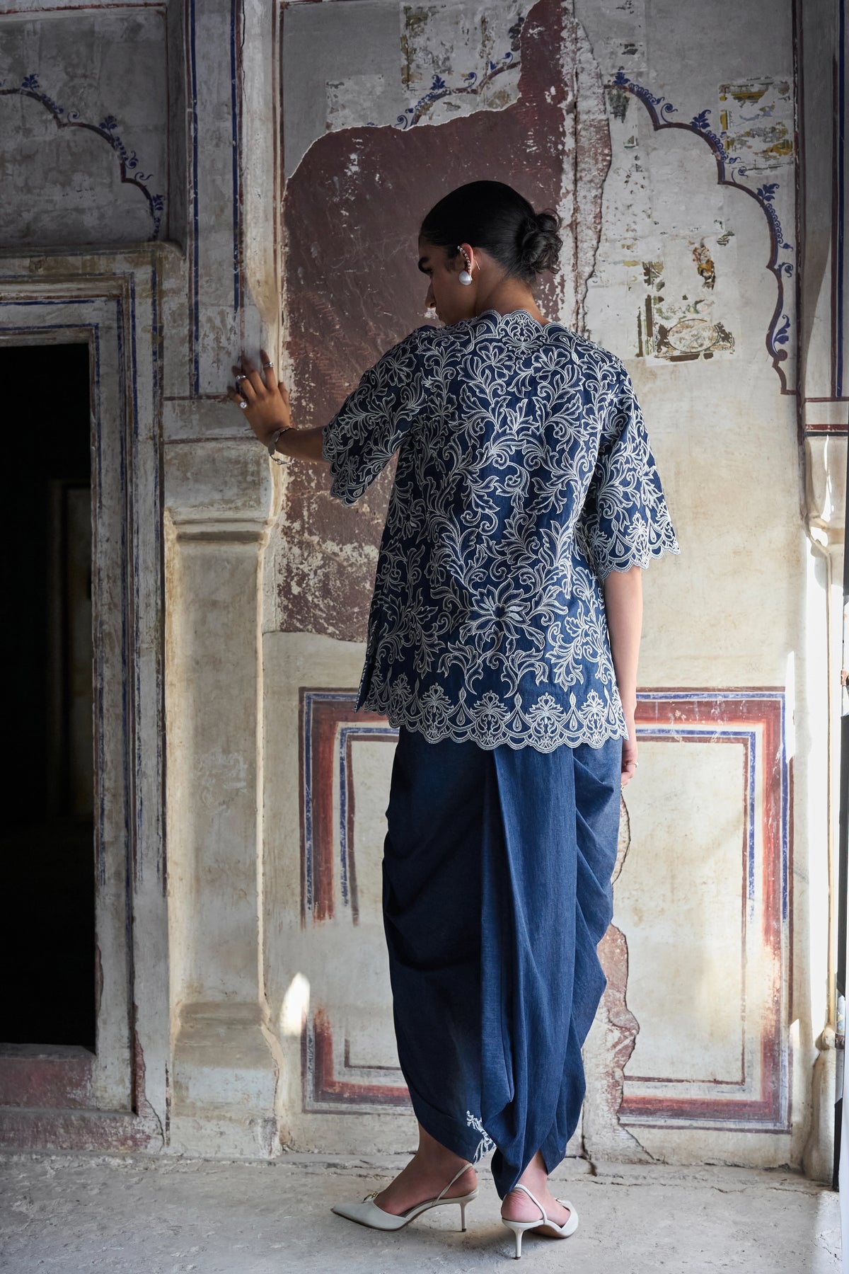 Metallic Thread Embroidered Scalloped Denim Top
