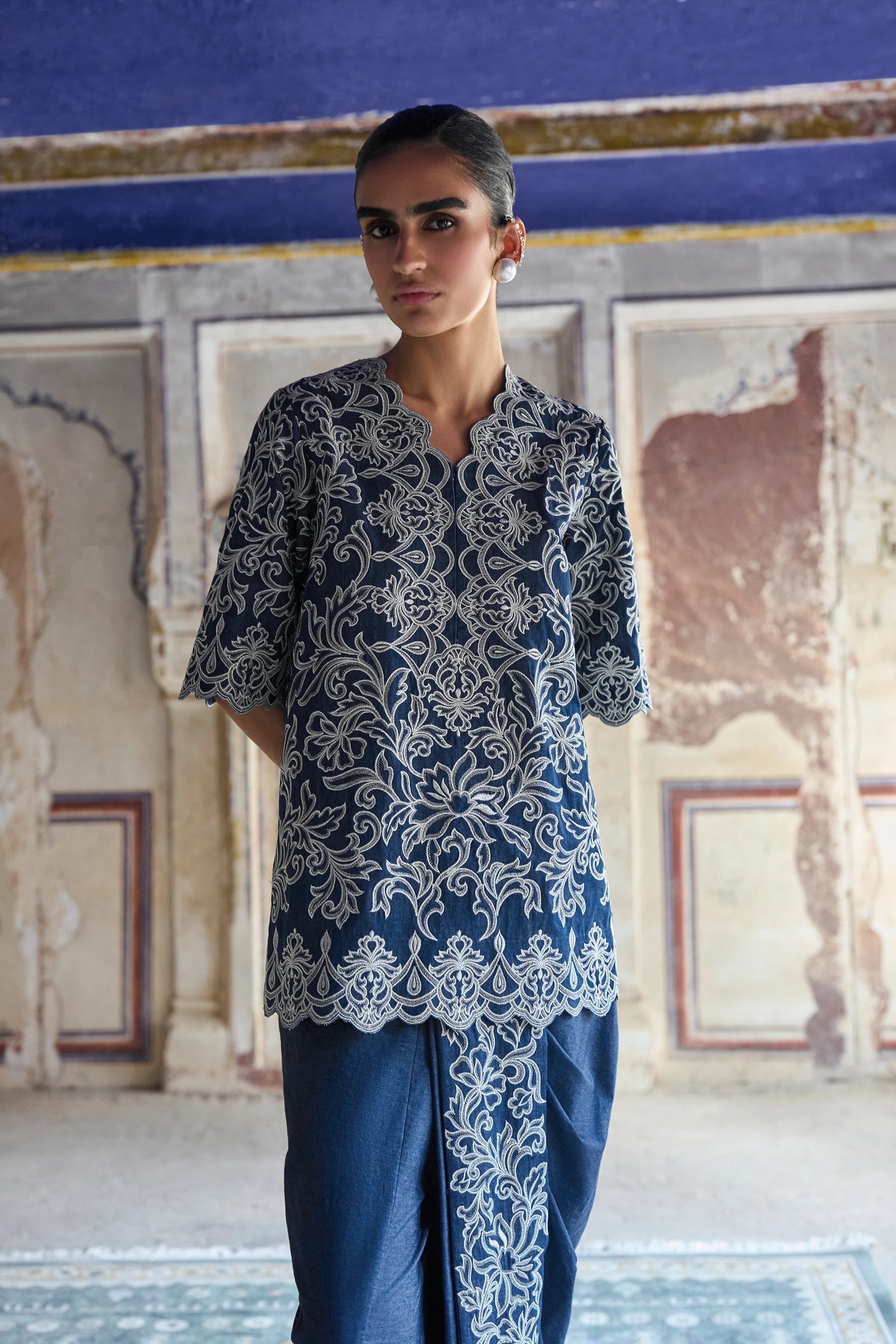 Metallic Thread Embroidered Scalloped Denim Top