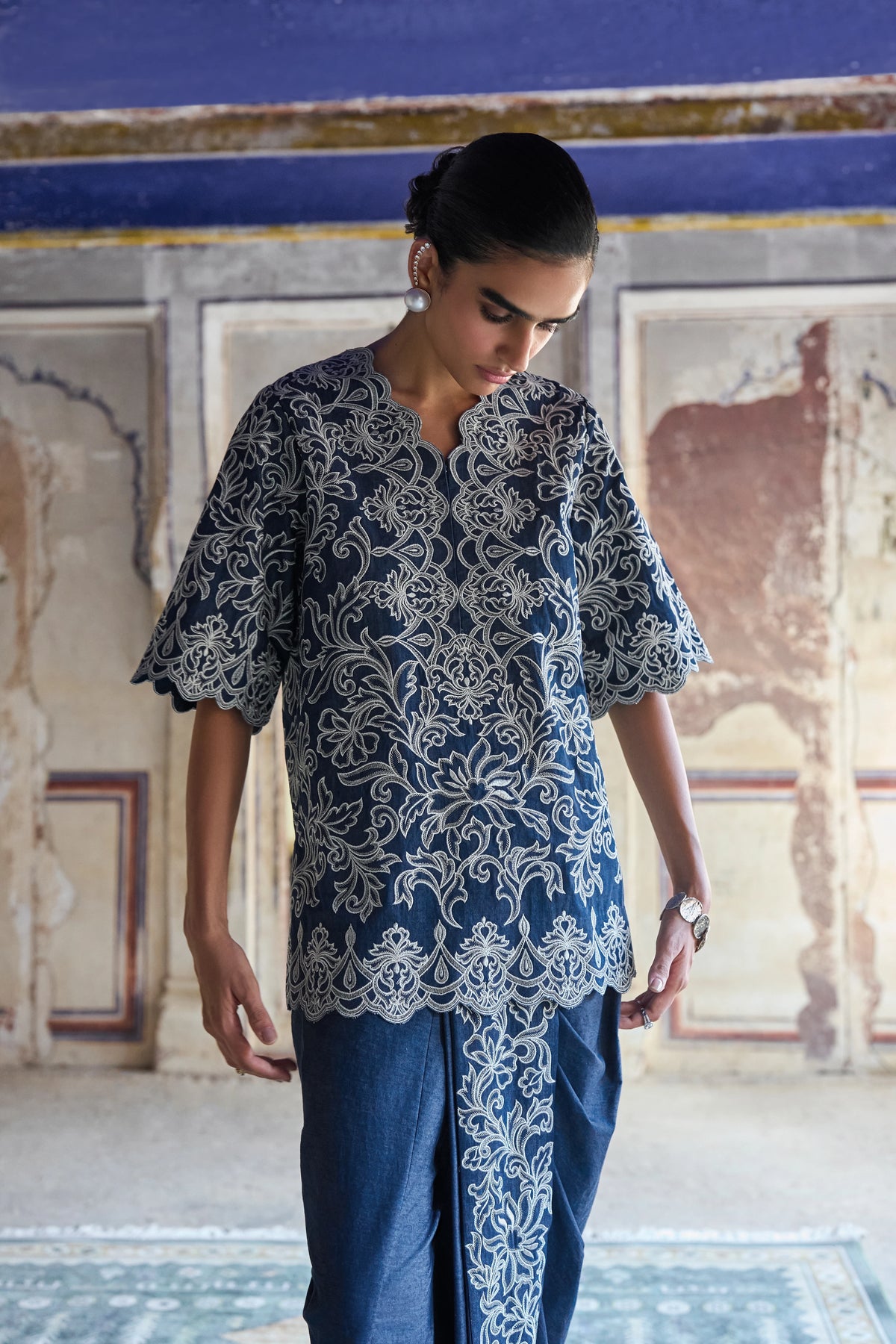 Metallic Thread Embroidered Scalloped Denim Top