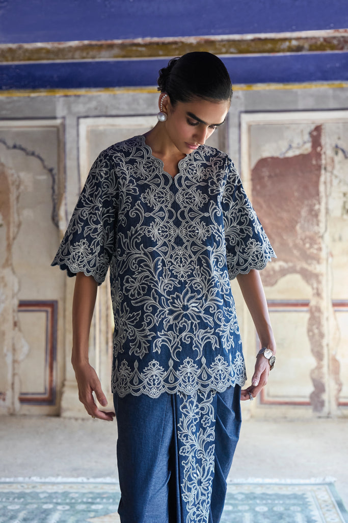 Metallic Thread Embroidered Scalloped Denim Top dash and dot
