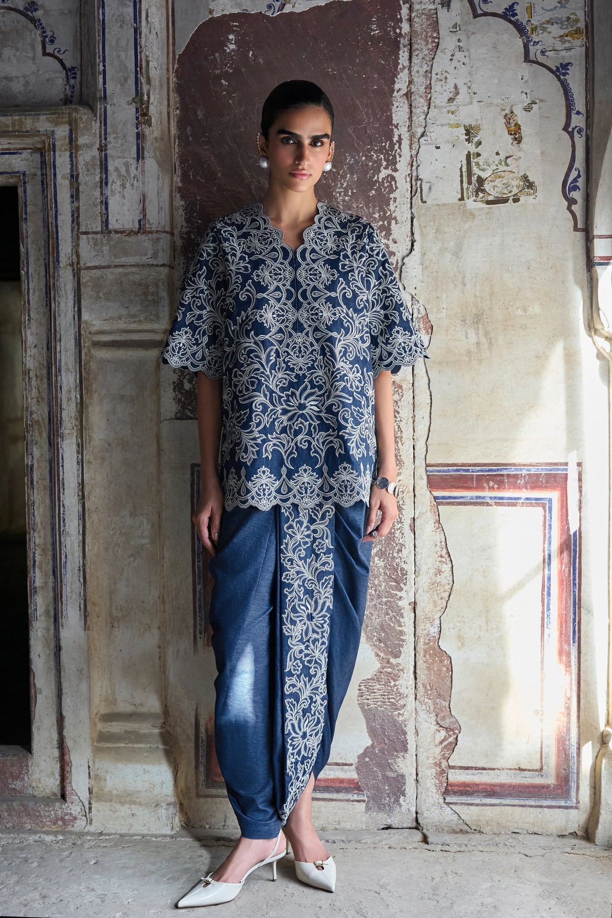 Metallic Thread Embroidered Denim Dhoti Pant