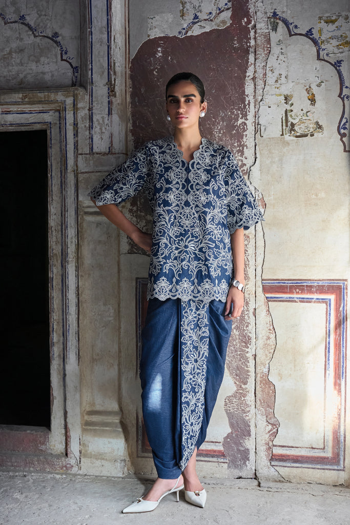 Metallic Thread Embroidered Denim Dhoti Pant dash and dot
