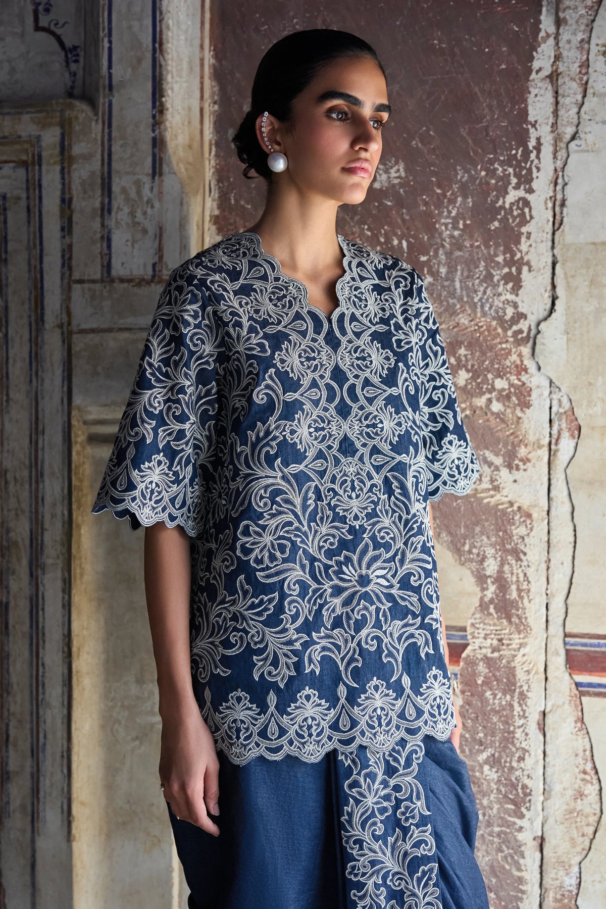 Metallic Thread Embroidered Denim Dhoti Pant