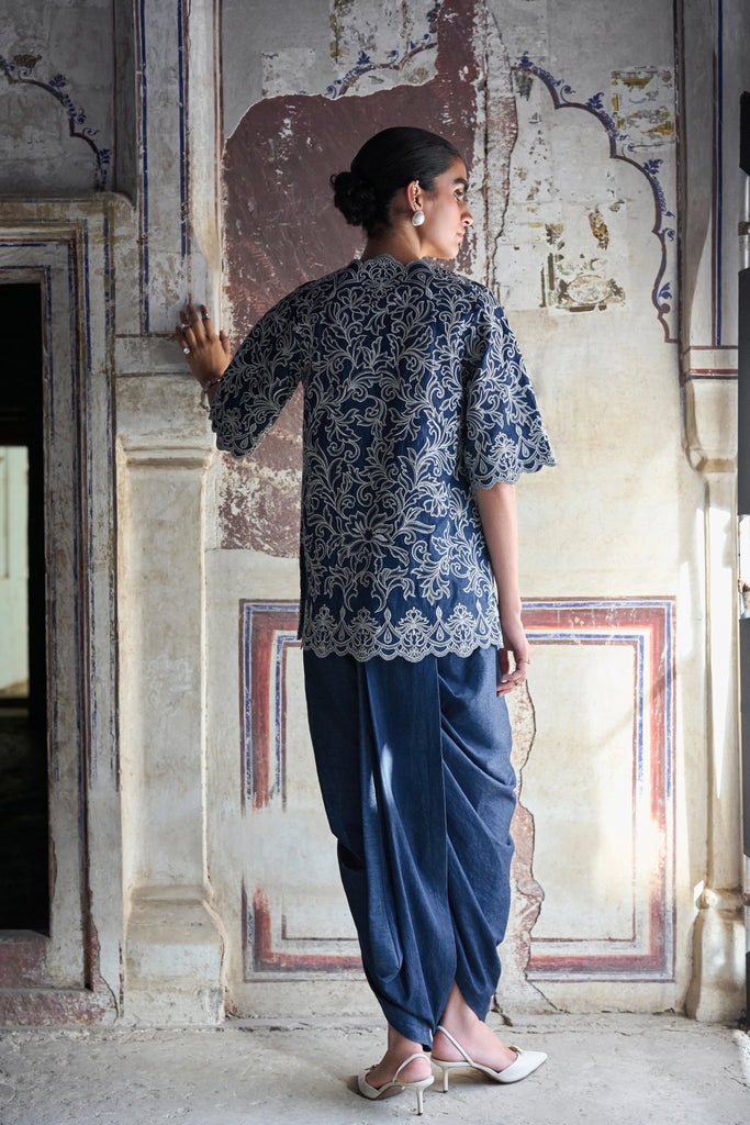 Metallic Thread Embroidered Denim Dhoti Pant dash and dot